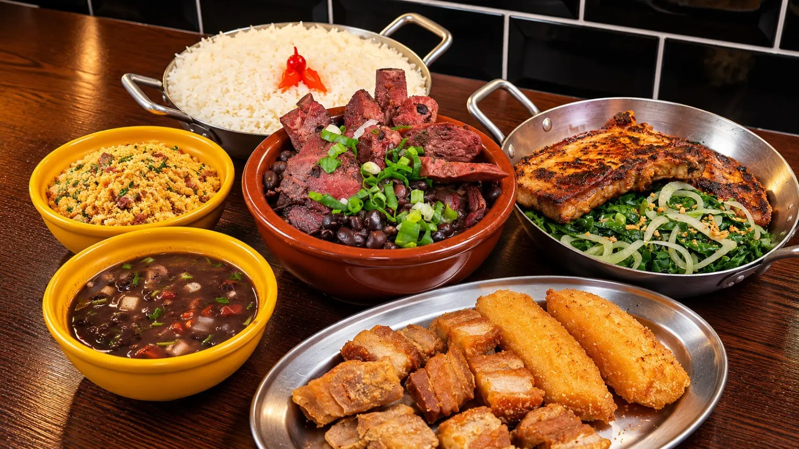 Feijoada do Panelão com arroz, farofa, couve, bisteca, torresmo e banana à milanesa